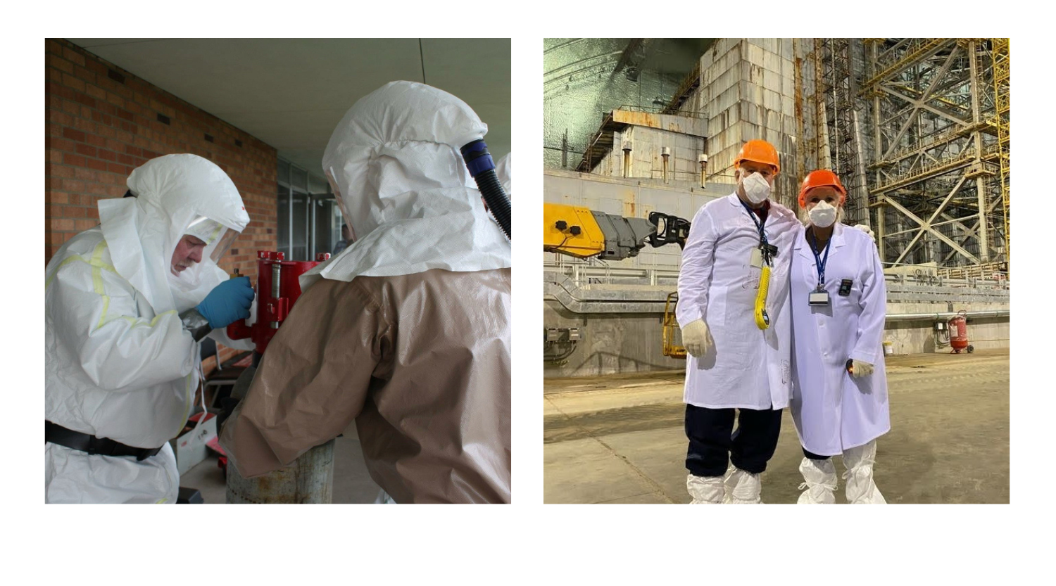 Dr. Lee B. Smith undergoes radiation training in Morgantown (left) and at the Chernobyl nuclear accident site in Ukraine (right).